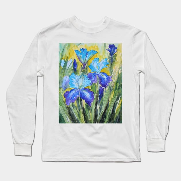 Blue irises Watercolor Painting Long Sleeve T-Shirt by SvitlanaProuty